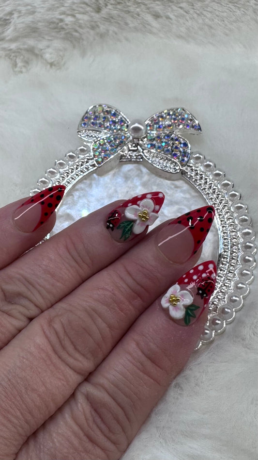 Ladybug Garden French Tip Press-On Nails