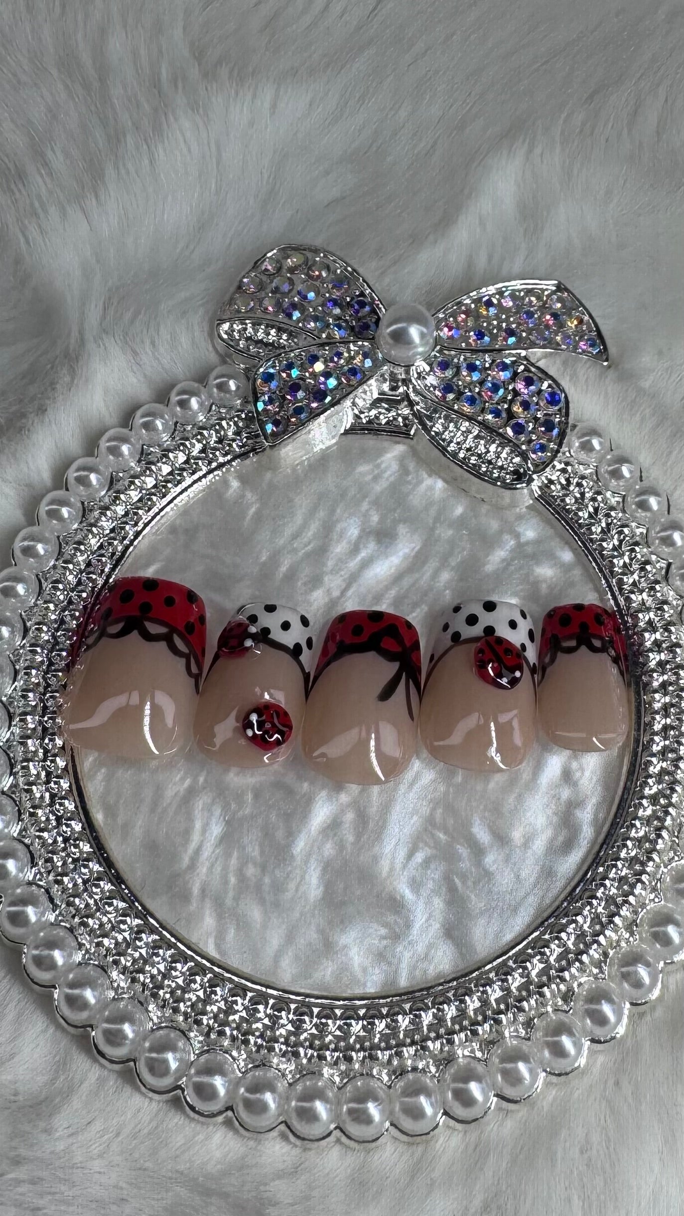 Lady Luxe French Tips – 3D Ladybug Press-On Nails