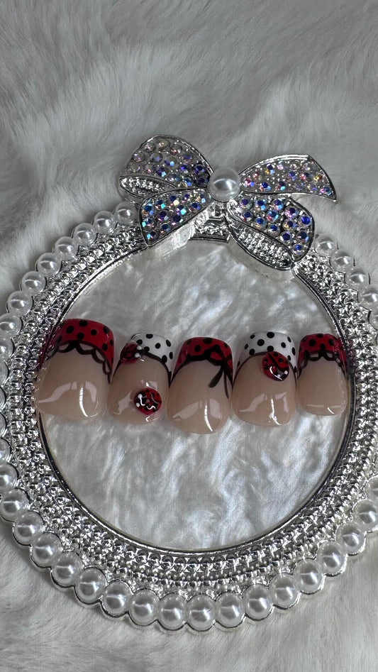 Lady Luxe French Tips – 3D Ladybug Press-On Nails