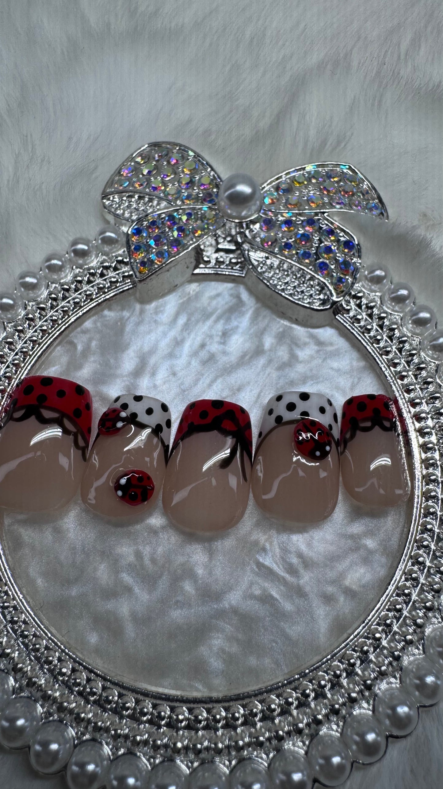 Lady Luxe French Tips – 3D Ladybug Press-On Nails